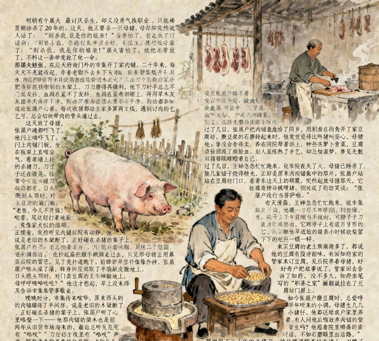 明朝有个屠夫，最讨厌杀生，却又没勇气换职业，只能稀里糊涂杀了20年的猪。这天，他