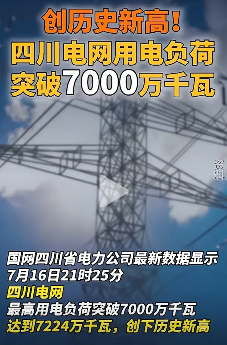 四川最高用电负荷突破历史极值，7224万千瓦！去年全年最高负荷才6900万。这还