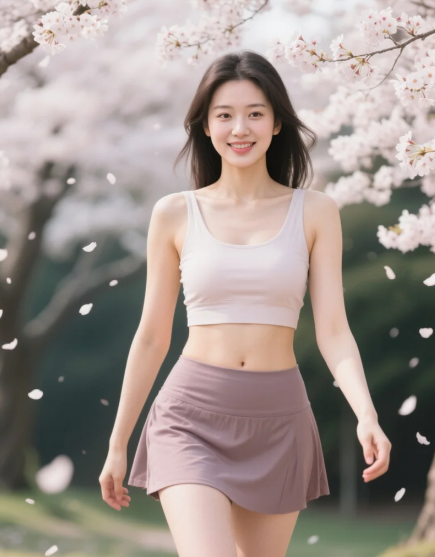  樱花树下的亚洲美女，尽显春天里的浪漫情调