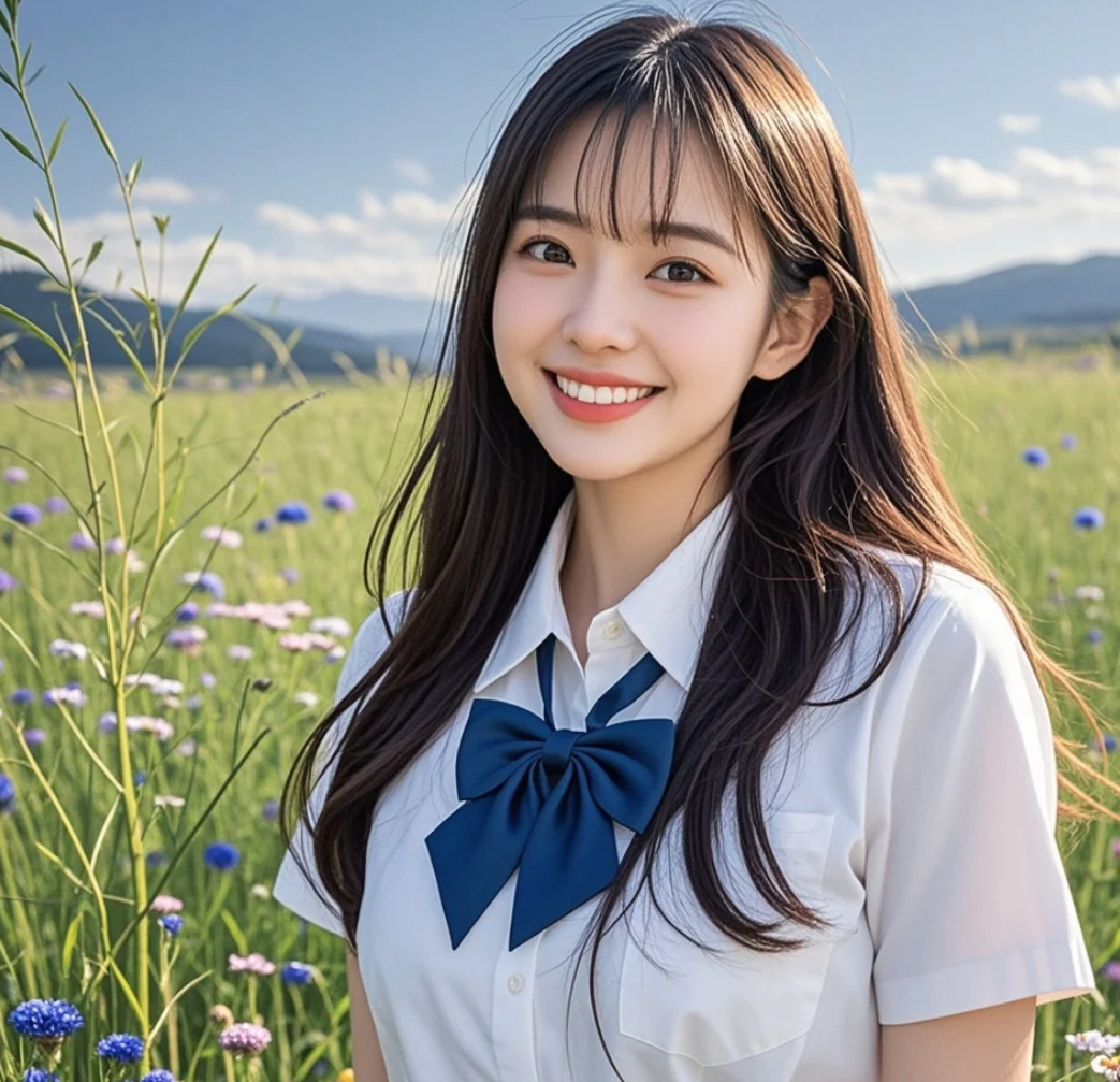 她的影子与野花交织，构成一幅光影的拼贴画