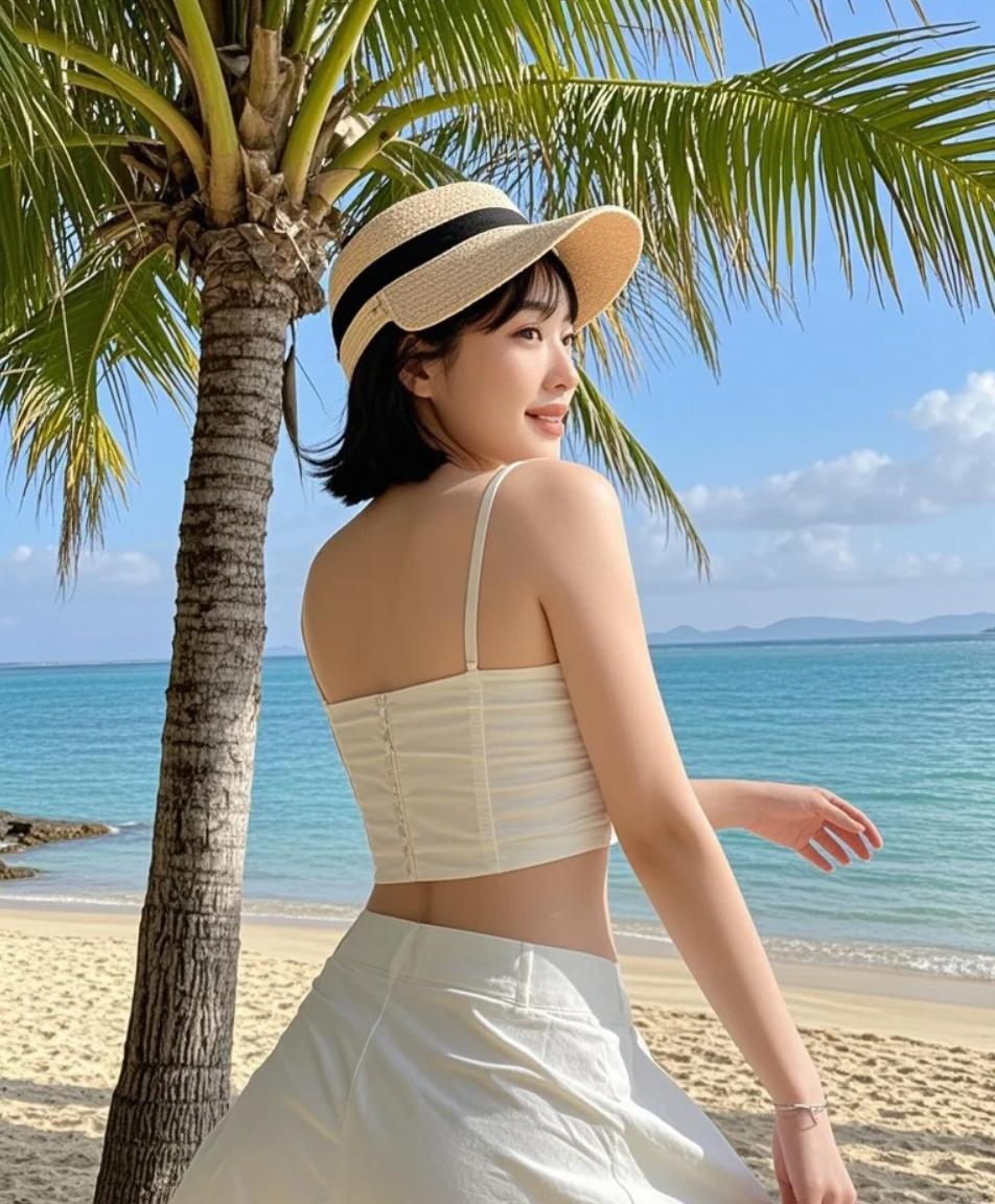 椰影婆娑，沙滩上的阳光美人