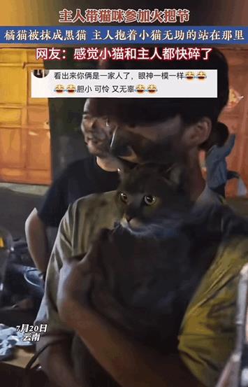 给我整笑了！云南，主人带猫咪参加火把节，橘猫硬生生的被摸成了黑猫。主人抱着小猫无