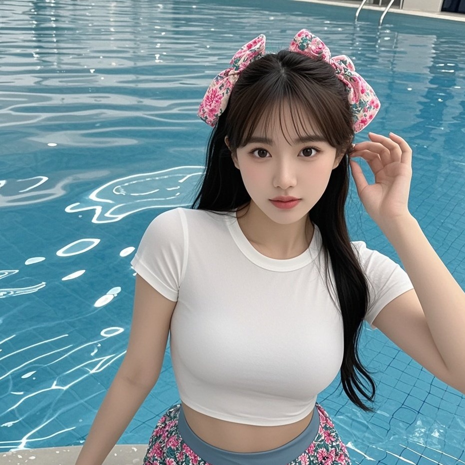泳池荡漾映红颜，紧身衣下藏媚嫣
