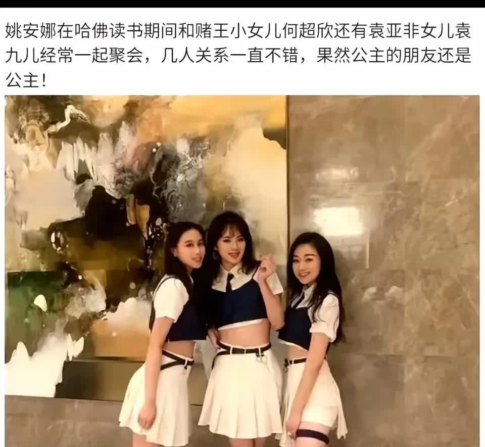 姚安娜、赌王何鸿燊女儿何超欣、南京首富袁亚非的女儿袁九儿；
这是姚安娜在哈佛大