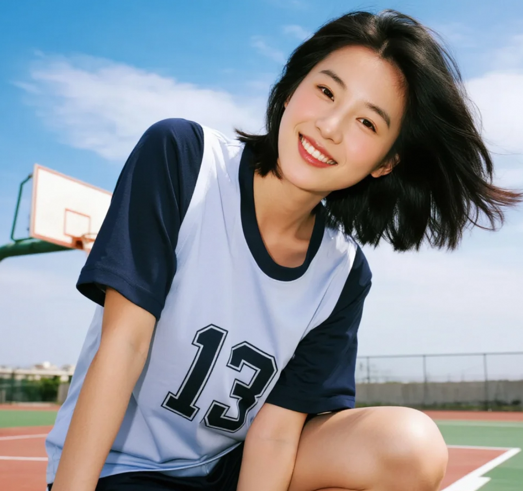 她穿着球队专属篮球服，美得像是偶像剧女主！