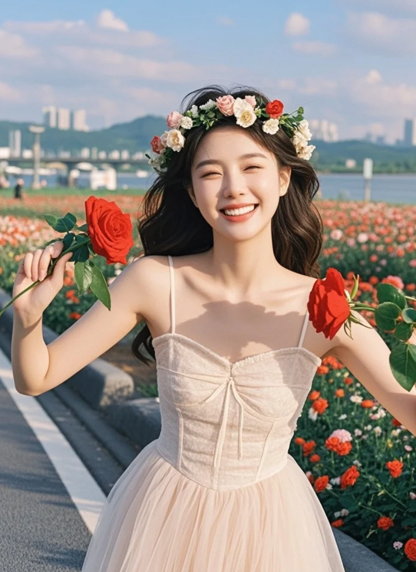 一袭长裙入花海，她是玫瑰的梦中人