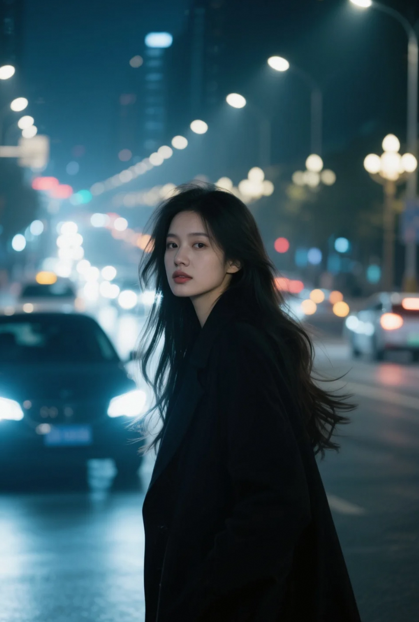 黑色长外套+长发飘飘，她是喧嚣都市里最安静的风景