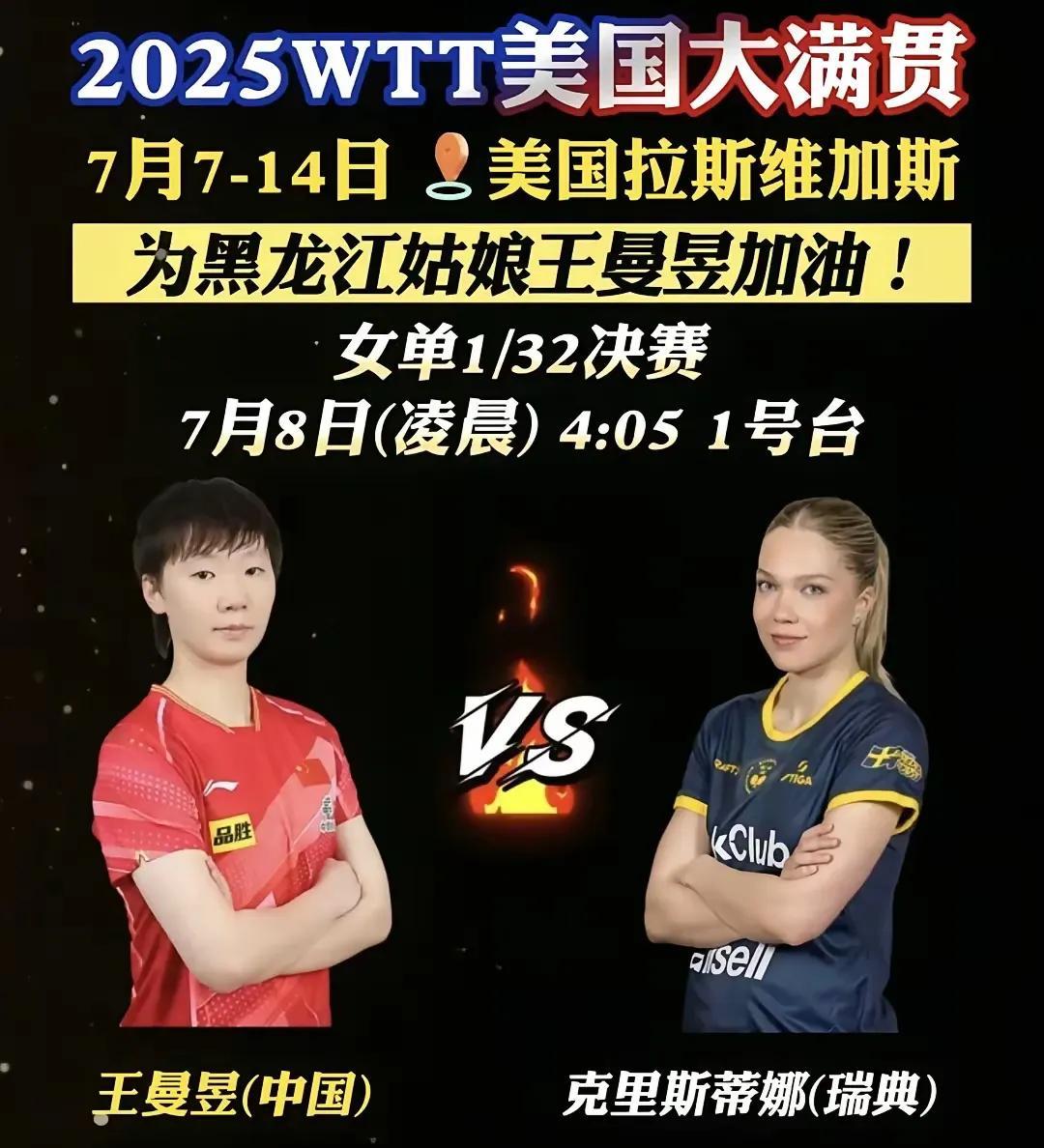 WTT美国大满贯女单1/32决赛，王曼昱首轮迎战瑞典选手克里斯蒂娜·卡尔伯格。从