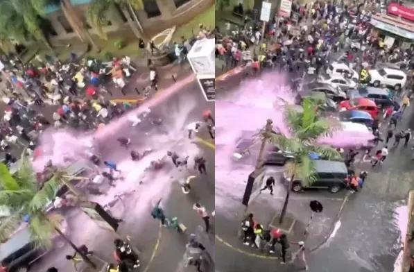 如图，你如果不了解情况，一定会认为哪个地方正在过泼水节吧。
这是洛杉矶市正在用高