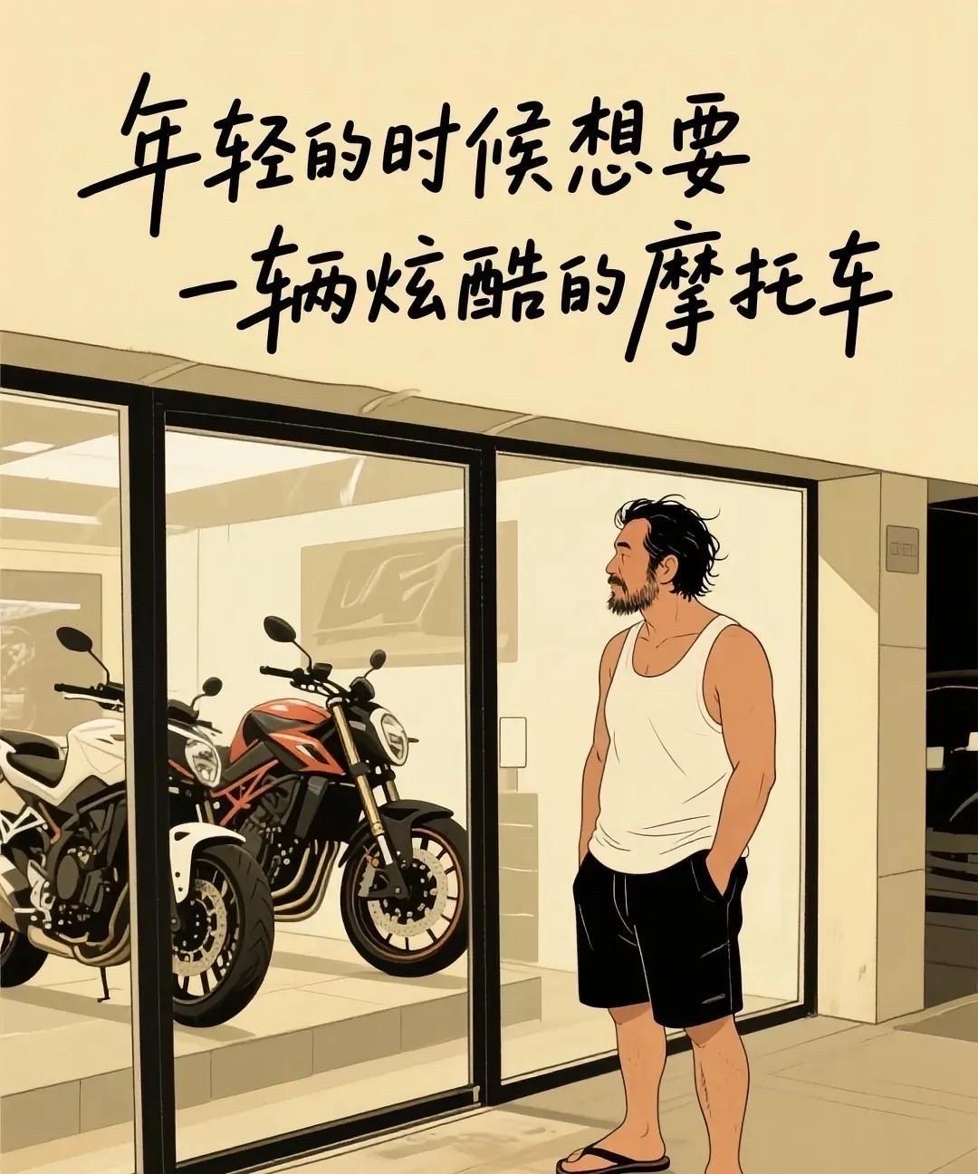 年轻的时候想要一辆炫酷的摩托车，可那时候囊中羞涩，只能眼巴巴地看着。后来为了生活