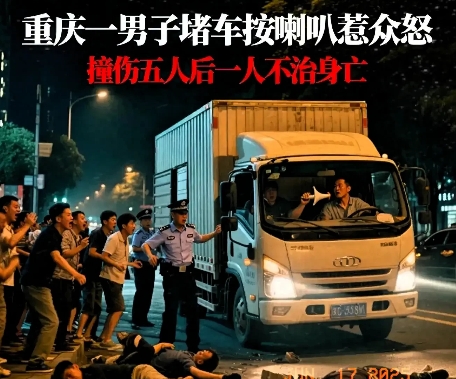 重庆的一个司机，因为前面有辆货车正在卸货堵在路上了，他连续按喇叭与前面货车司机发