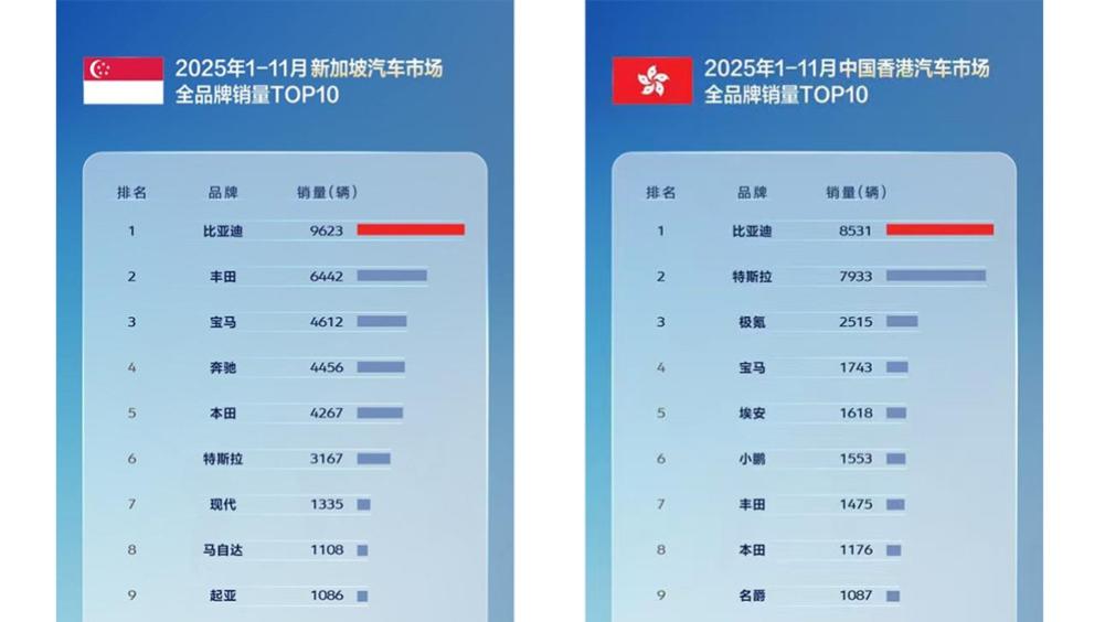 11月比亚迪乘用车出口同比激增313.4%，全球多市场夺冠
