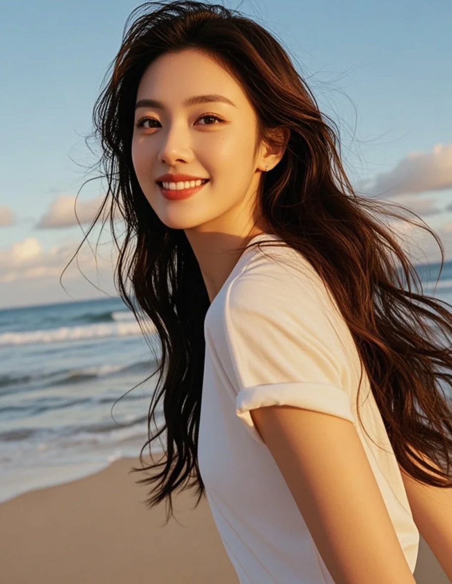 蓝天白云下，她以T恤演绎亲和力，每一步都踏出大牌明星的从容自信