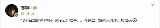 潘粤明发文说让国足的队员们买点足球在家里玩，不要出来丢人现眼了啊！
看来对国足不
