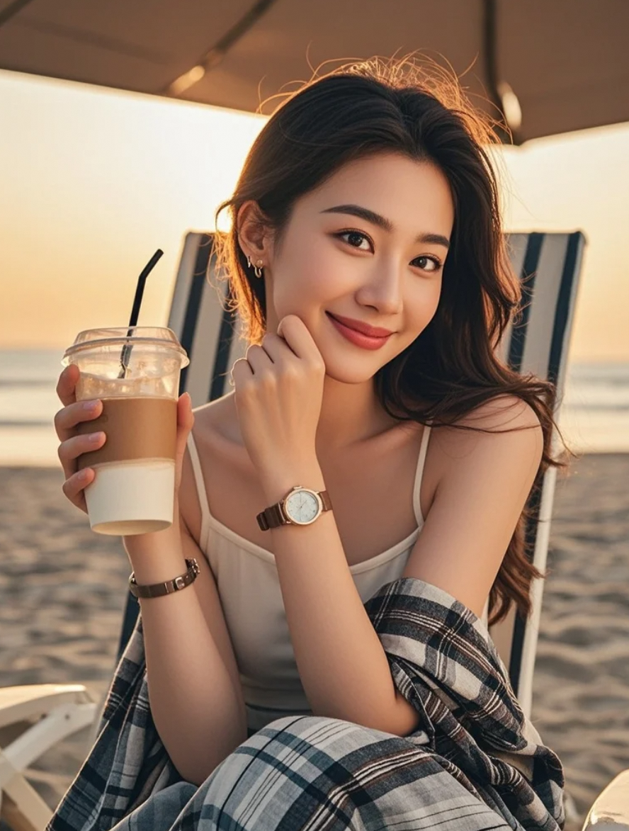 她坐在海风里，连影子都带着温柔的香气