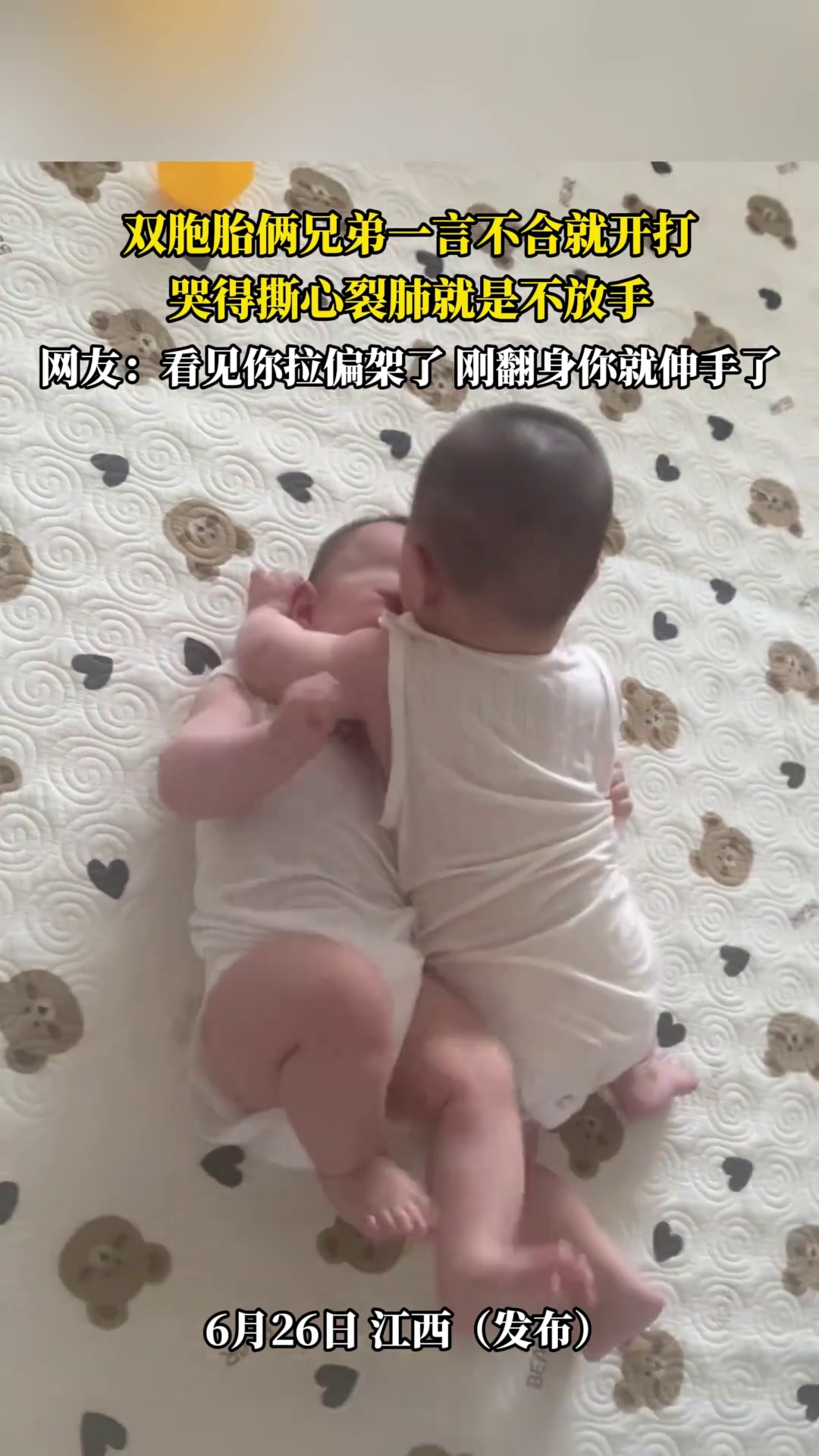 双胞胎俩兄弟一言不合就开打，哭得撕心裂肺就是不放手，网友 -看见你拉偏架了刚翻身