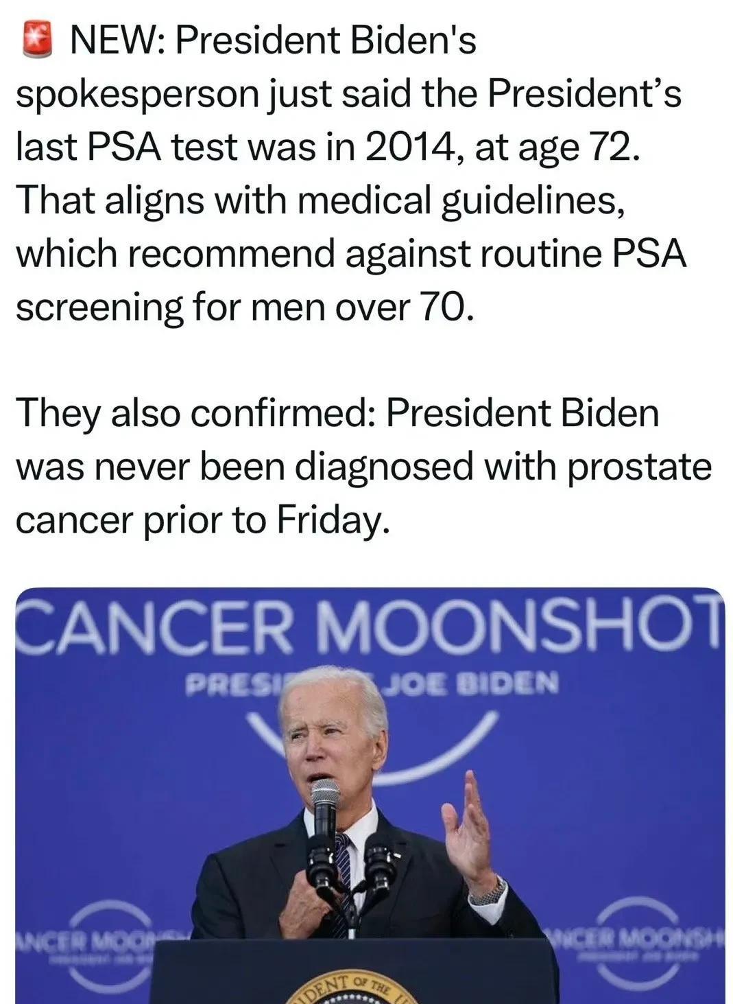 Biden发言人：Biden最后一次PSA检测在2014年，72岁时；上周五确诊