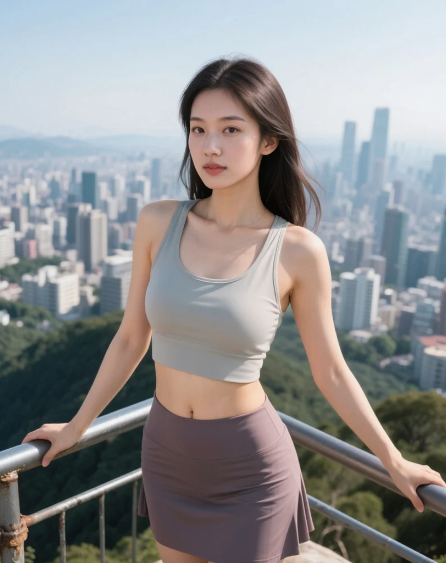 山顶观景台上的亚洲美女，以最美的姿态迎接城市的晨曦