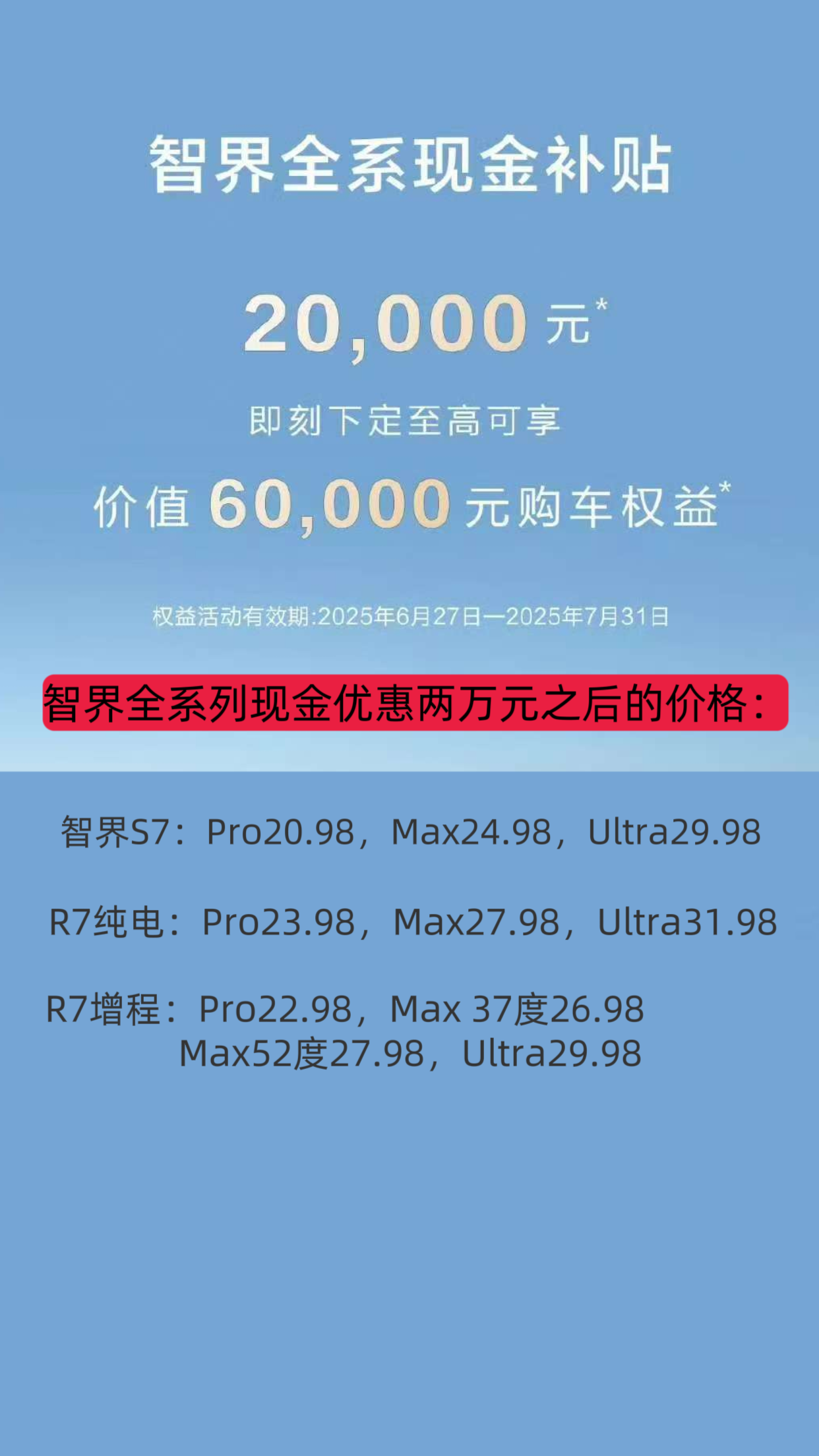 智界他带着官降两万来了。智界全系列现金优惠两万元之后的价格：
智界S7：
Pro