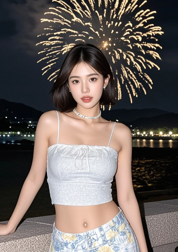 她站在沙滩上，仿佛整片海都为她倾倒