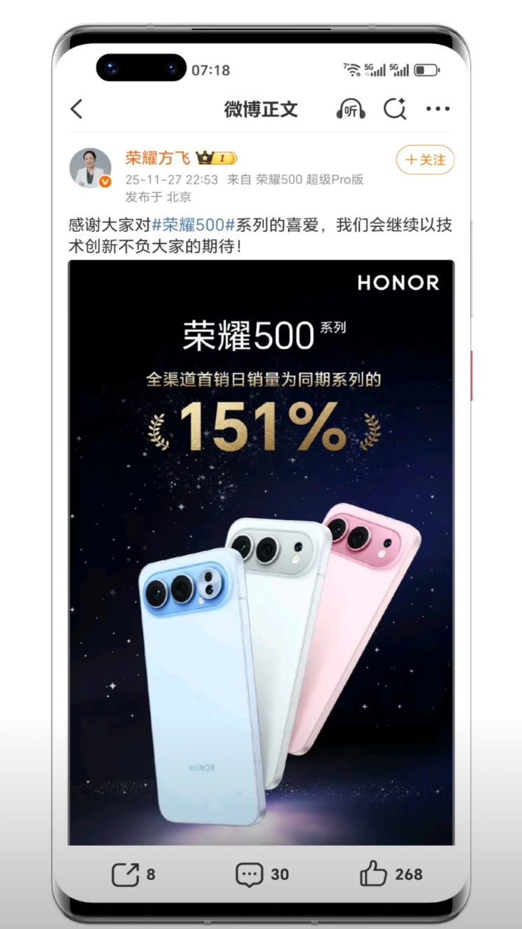 耀子的500系列新机首销还不错，是去年同期发布的300系列的151%。早开售就是