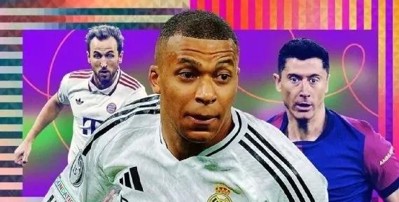 知名媒体ESPN公布了2024—2025赛季十大中锋排名，姆巴佩第一，莱万第二，