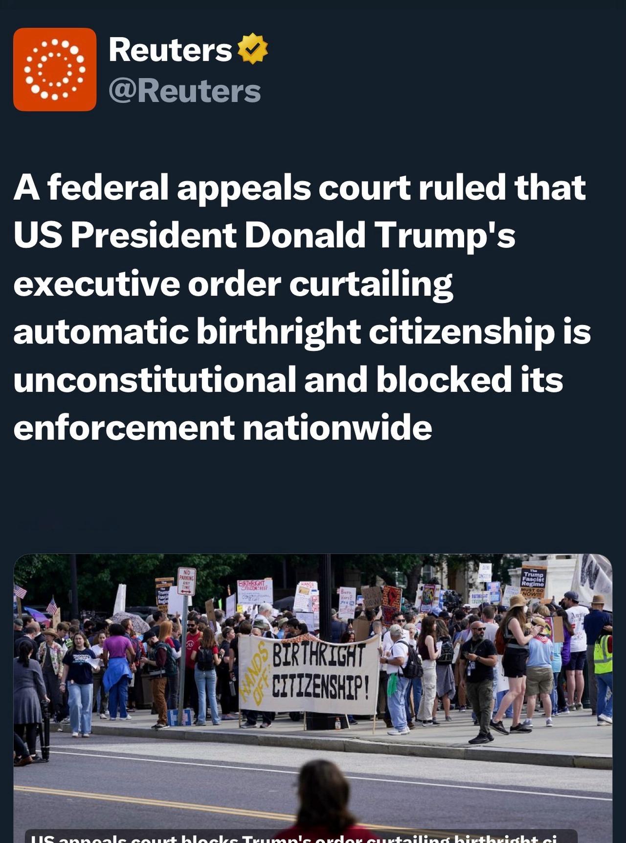 美国联邦上诉法院裁定，唐纳德·特朗普终止出生公民权的行政命令违宪，维持了下级法院