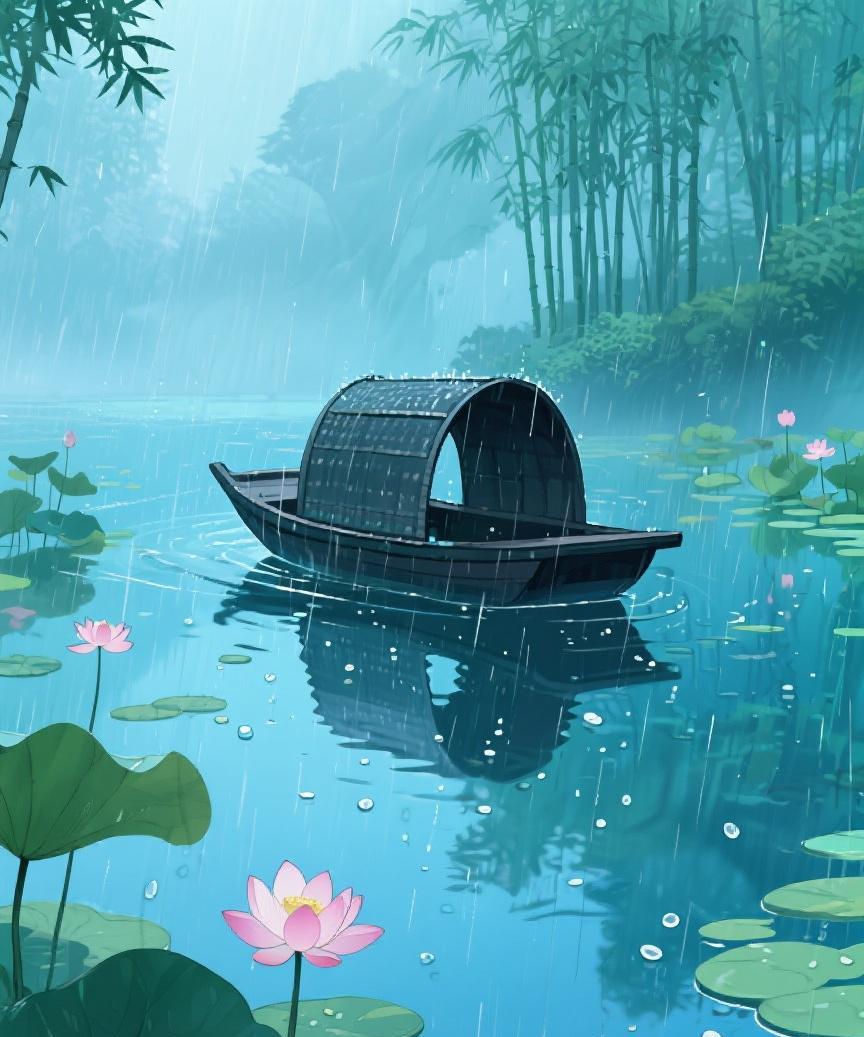 #AI妙生图#烟雨朦胧里，扁舟轻漾，莲花浅笑，在这静谧中，寻一份内心的悠然与澄净