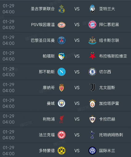 北京时间1月29日，欧冠小组赛第8轮一共18场比赛同时开球，前八球队可以直接锁定