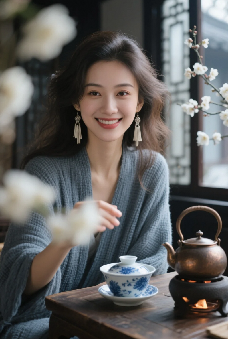 围炉煮茶的她，像从宋画里走出的仕女