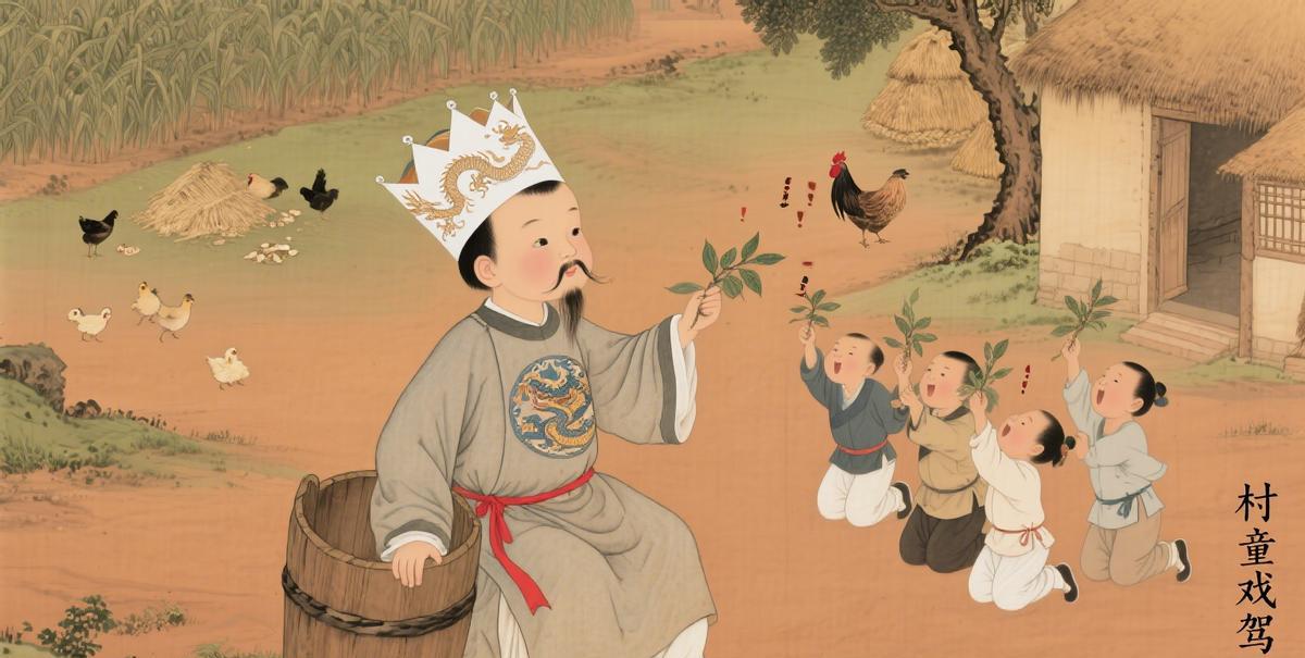 百姓模仿皇帝游戏：小孩戴纸糊皇冠，拿树枝当笏板，被官府抓去训话
盛唐的童趣风波，