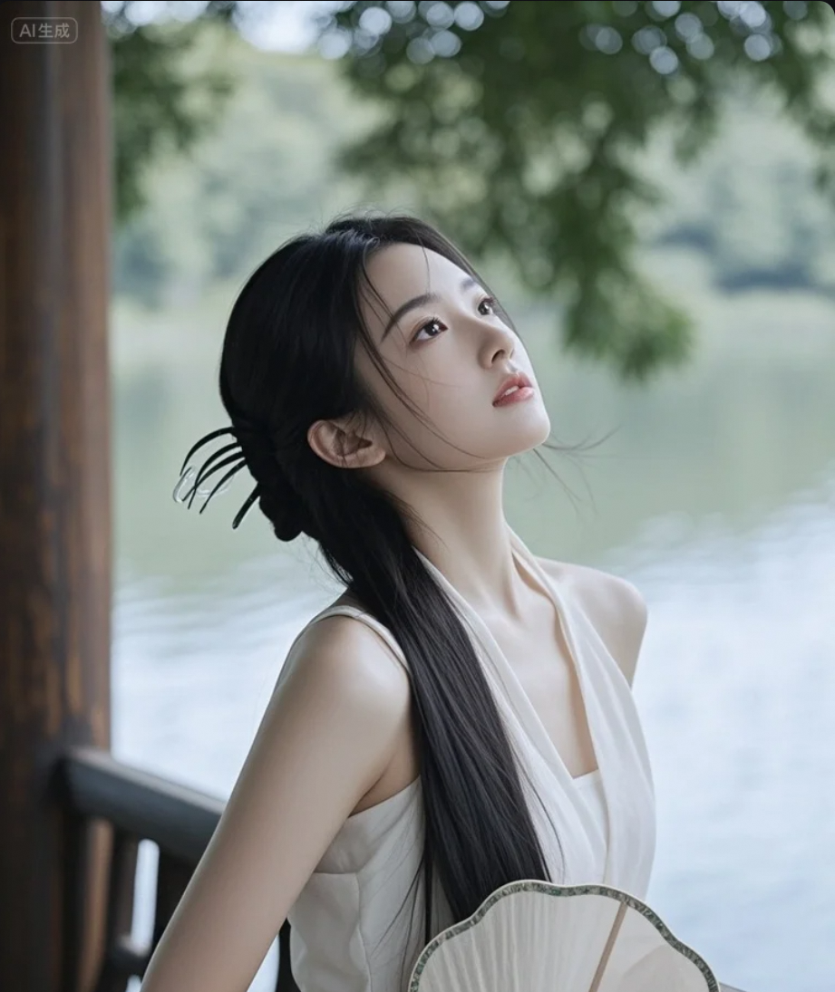 她站在湖边，像在等一句“我来了”