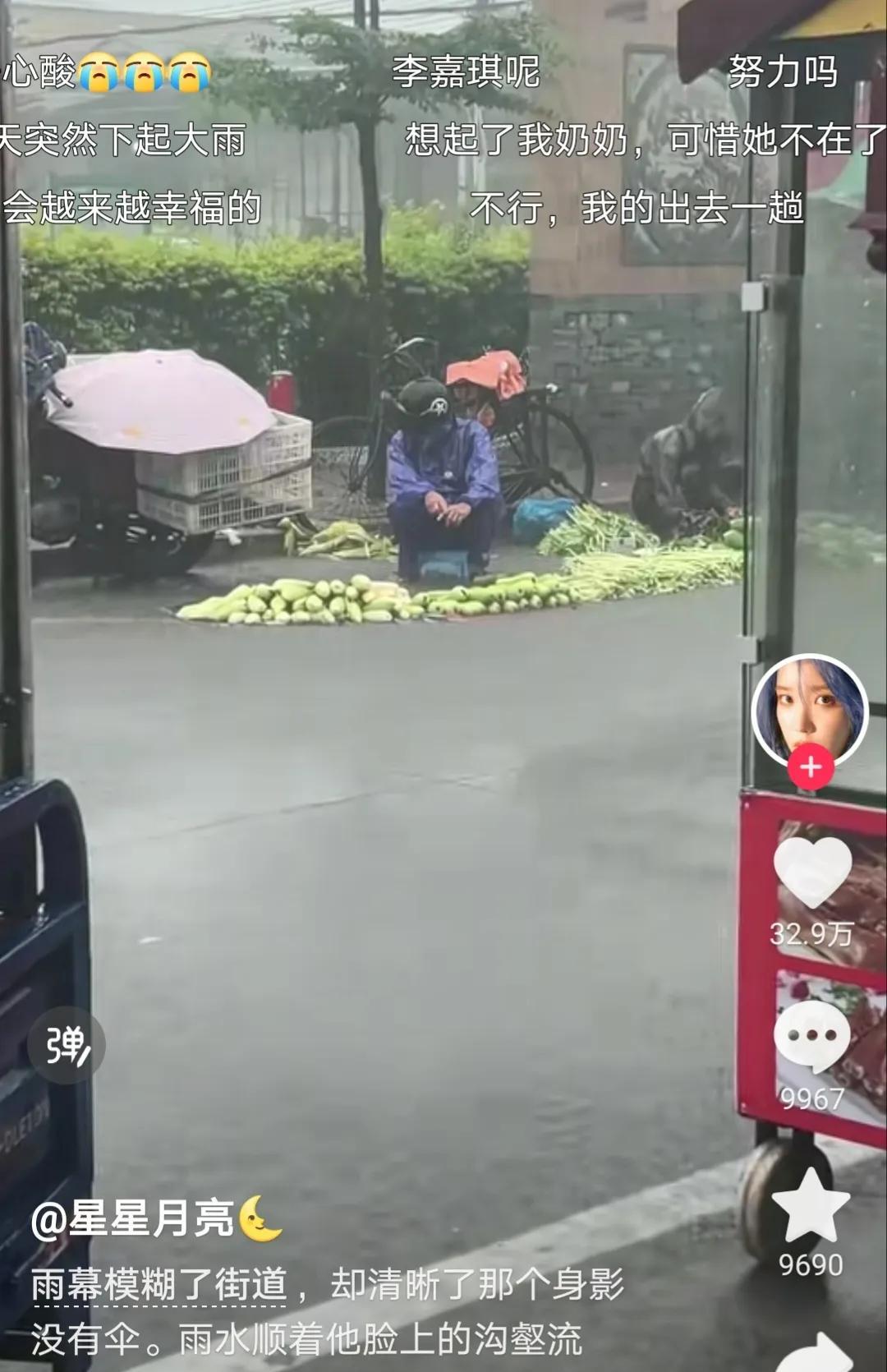 广东一女子随手发了一段菜农大雨中坚持在路边卖菜的视频后感动了很多人，一位叫“雄大