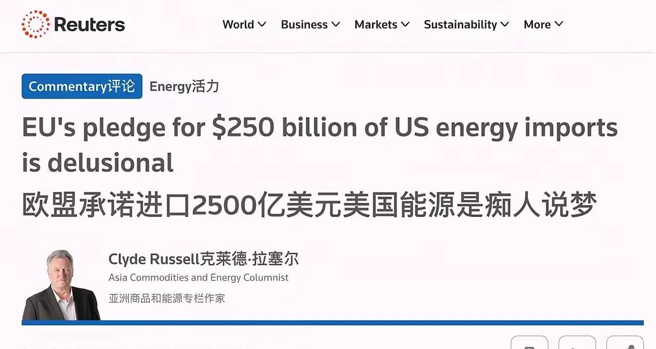 路透社说：“欧盟承诺在三年内每年进口价值 2500 亿美元的大美丽能源是痴人说梦