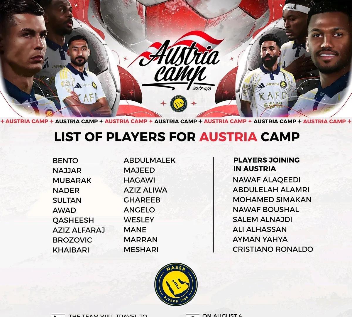 北京时间7月20日，利雅得胜利公布奥地利训练营大名单，C罗领衔，这消息一出来就让