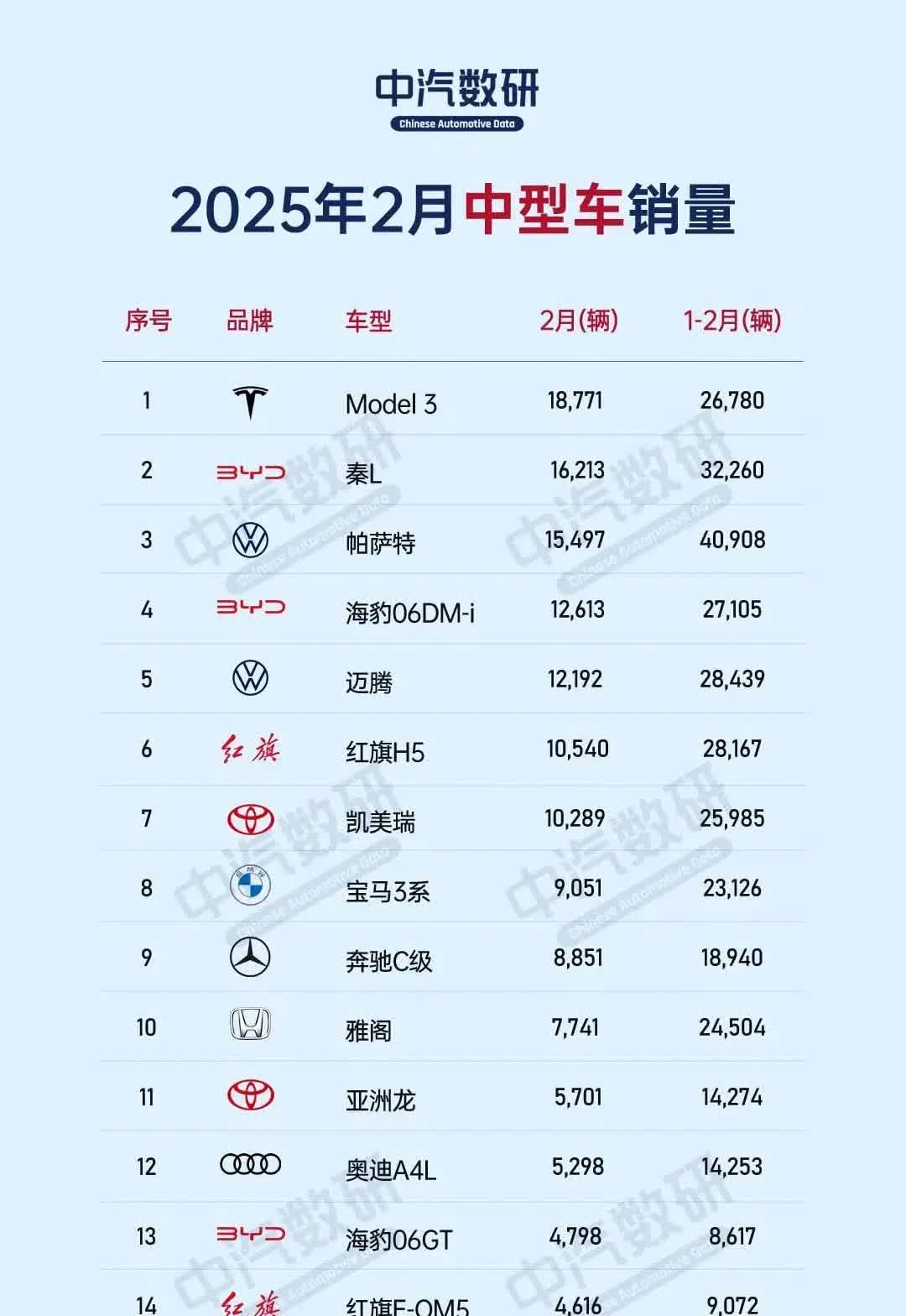 2025年2月中型轿车销量榜