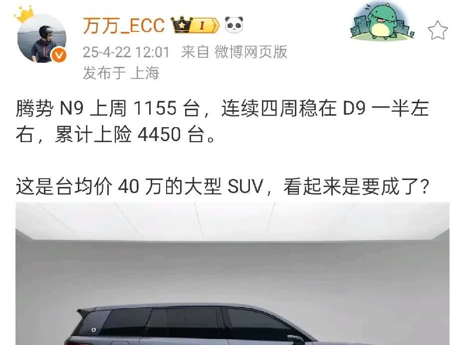 腾势N9也支棱起来了啊，上周交付1155辆，已累计交付了4450辆，平均每周交付