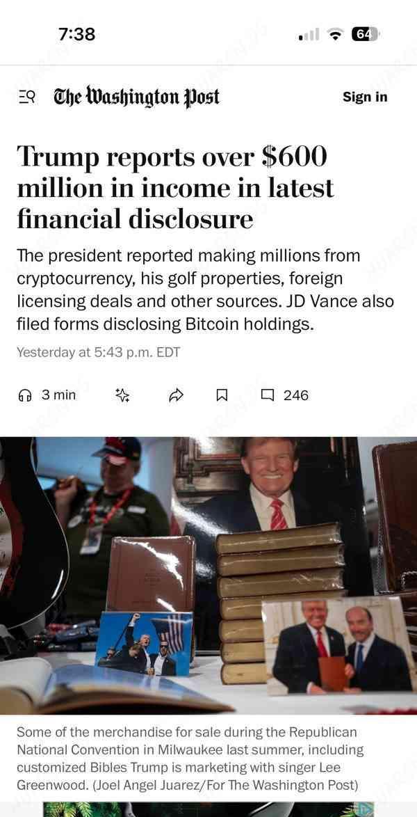 川普真会捞钱呀，上任半年就赚了600M
一共一个billion的身价，上任几个月