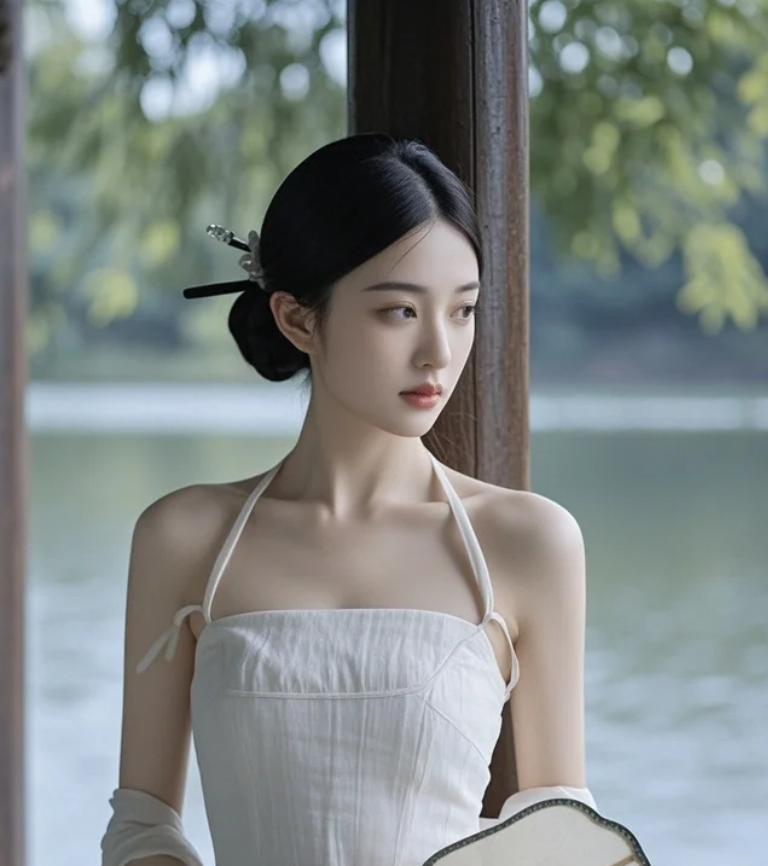 她站在湖边，像一首未完的诗