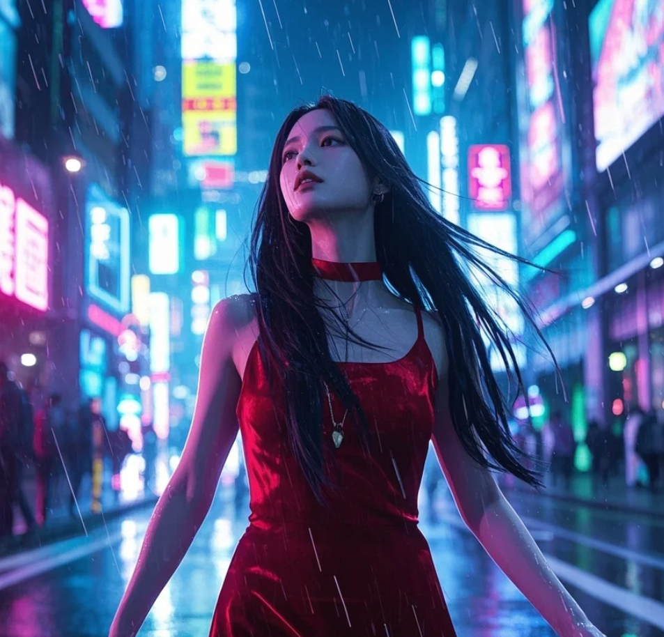 她的身影倒映在湿漉漉的地面上，像极了一首失落的情诗。