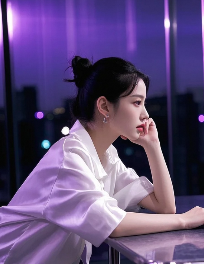 她倚窗而坐，像是电影里的女主角。
