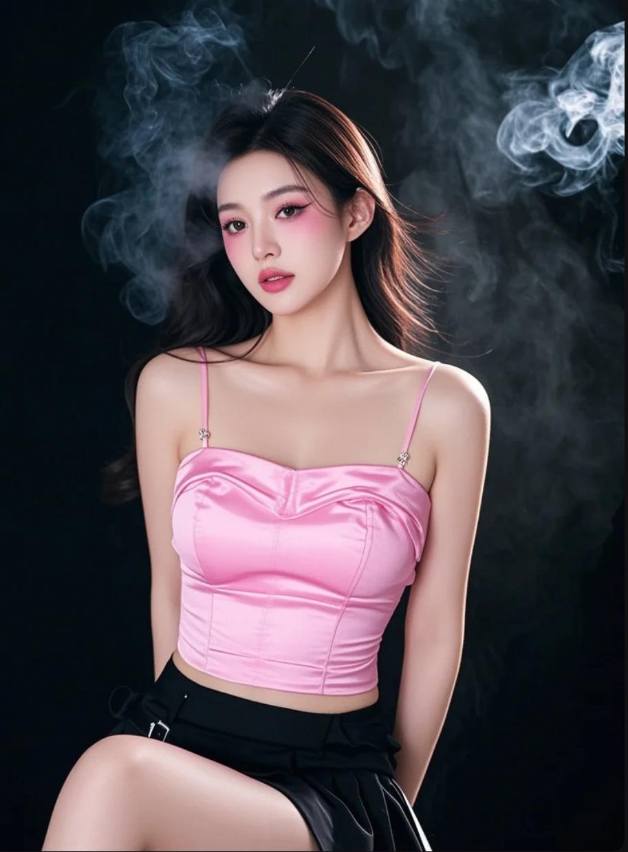 她站在粉色调里，像是从童话里走出来的人