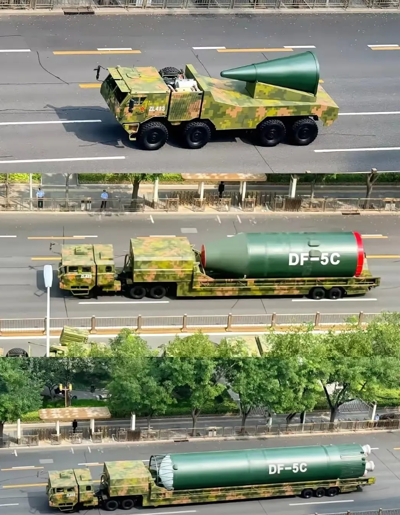 这DF-5C也太猛了吧。
三辆车才拉的完。光一个弹头就要用一辆车。听说还是“全球