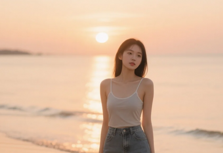 她的魅力无限放大，在海滩上尽情展现自我