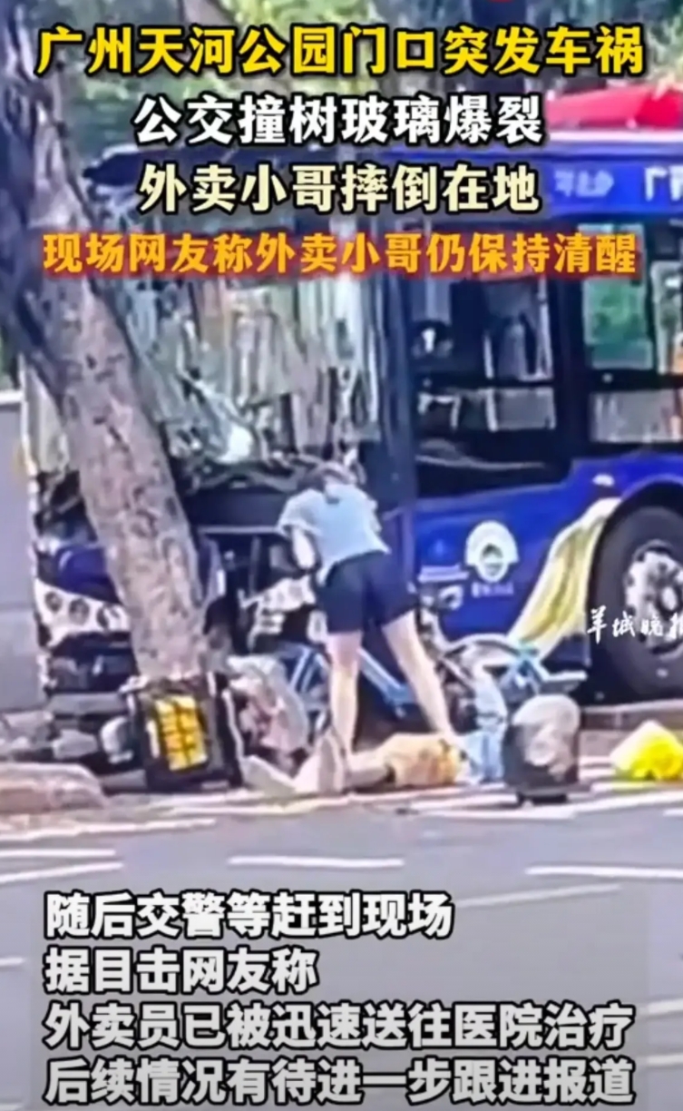 搭个公交也不省心，广州公交又发生事故，天河公园门口公交车撞树，玻璃爆碎。外卖小哥