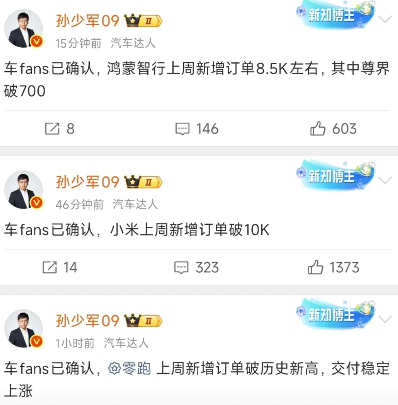 天又塌了，孙少军确认，小米汽车上周新增订单超一万

今年的小米欠车超过50万了都