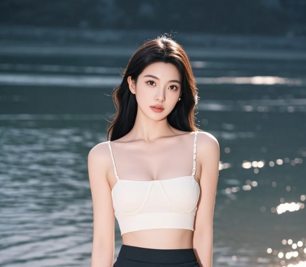 水天一色藏娇影，河畔静坐听潮声