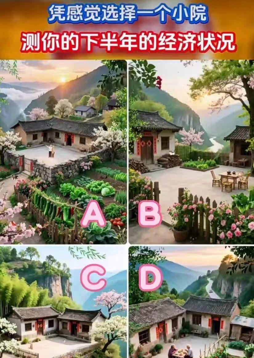 测测你下半年的经济状况？
凭感觉选择一个喜欢的小院！
答案评论区见！
田园蔬果绕
