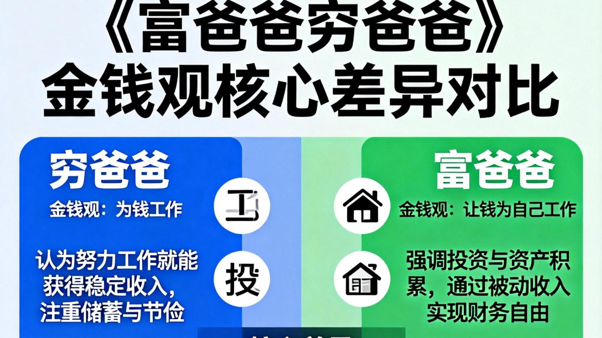《富爸爸穷爸爸》在金钱观上的核心差异有哪些？请列举 3-5 个具体例子