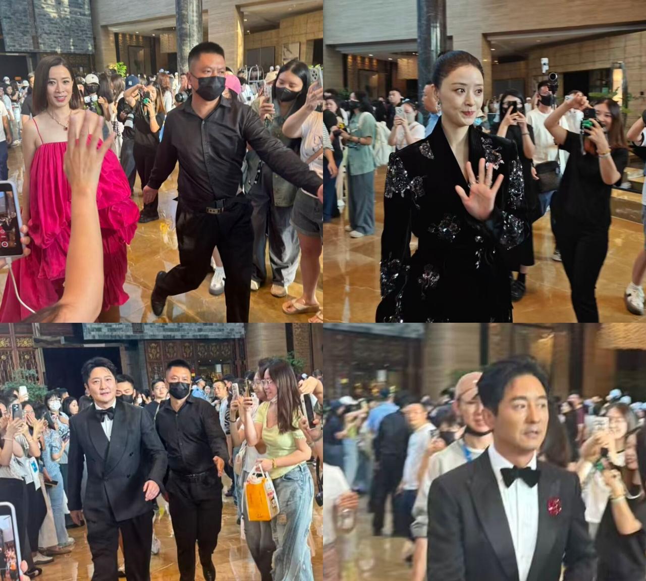 佘诗曼好漂亮啊！这是什么活动，酒店大堂这么多明星，佘诗曼、蒋欣、郭京飞。佘诗曼这